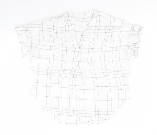 Marks and Spencer Mens White Plaid Flax  T-Shirt Size 14 Round Neck