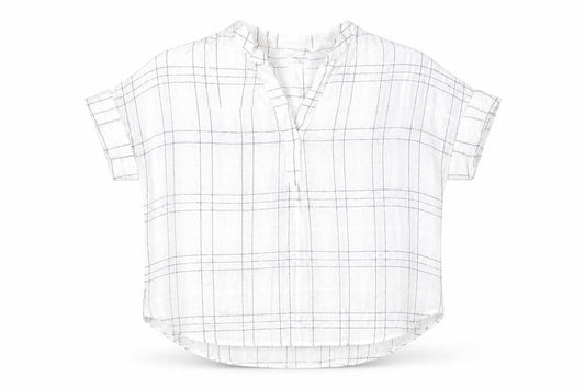 Front view of Marks & Spencer men’s white plaid flax t-shirt, size 14, round neck
