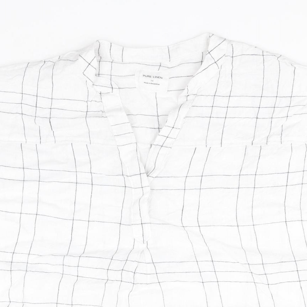 Marks and Spencer Mens White Plaid Flax  T-Shirt Size 14 Round Neck