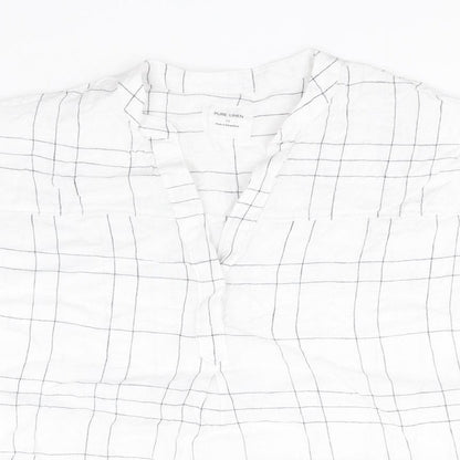 Marks and Spencer Mens White Plaid Flax  T-Shirt Size 14 Round Neck