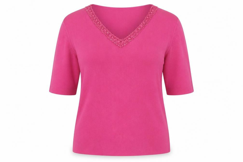 Front view of Bonmarché women’s pink round neck viscose jumper, size L
