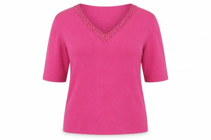 Front view of Bonmarché women’s pink round neck viscose jumper, size L