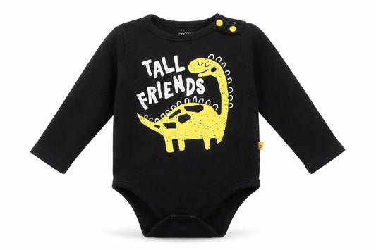 Front view of Coccodrillo Baby Black Cotton Leotard One-Piece, size 9-12, Months - Tall Friends, Dinosaurs