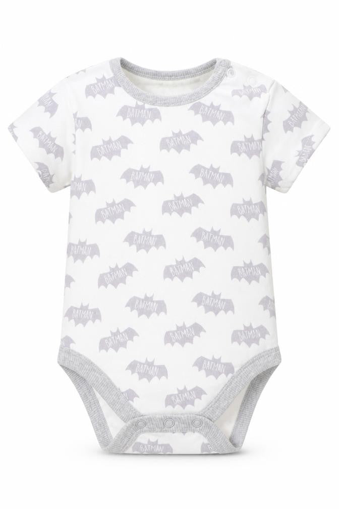 Front view of Batman boys’ white geometric cotton leotard one-piece, size 6-9, months - batman