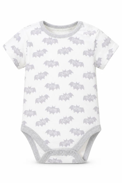 Front view of Batman boys’ white geometric cotton leotard one-piece, size 6-9, months - batman