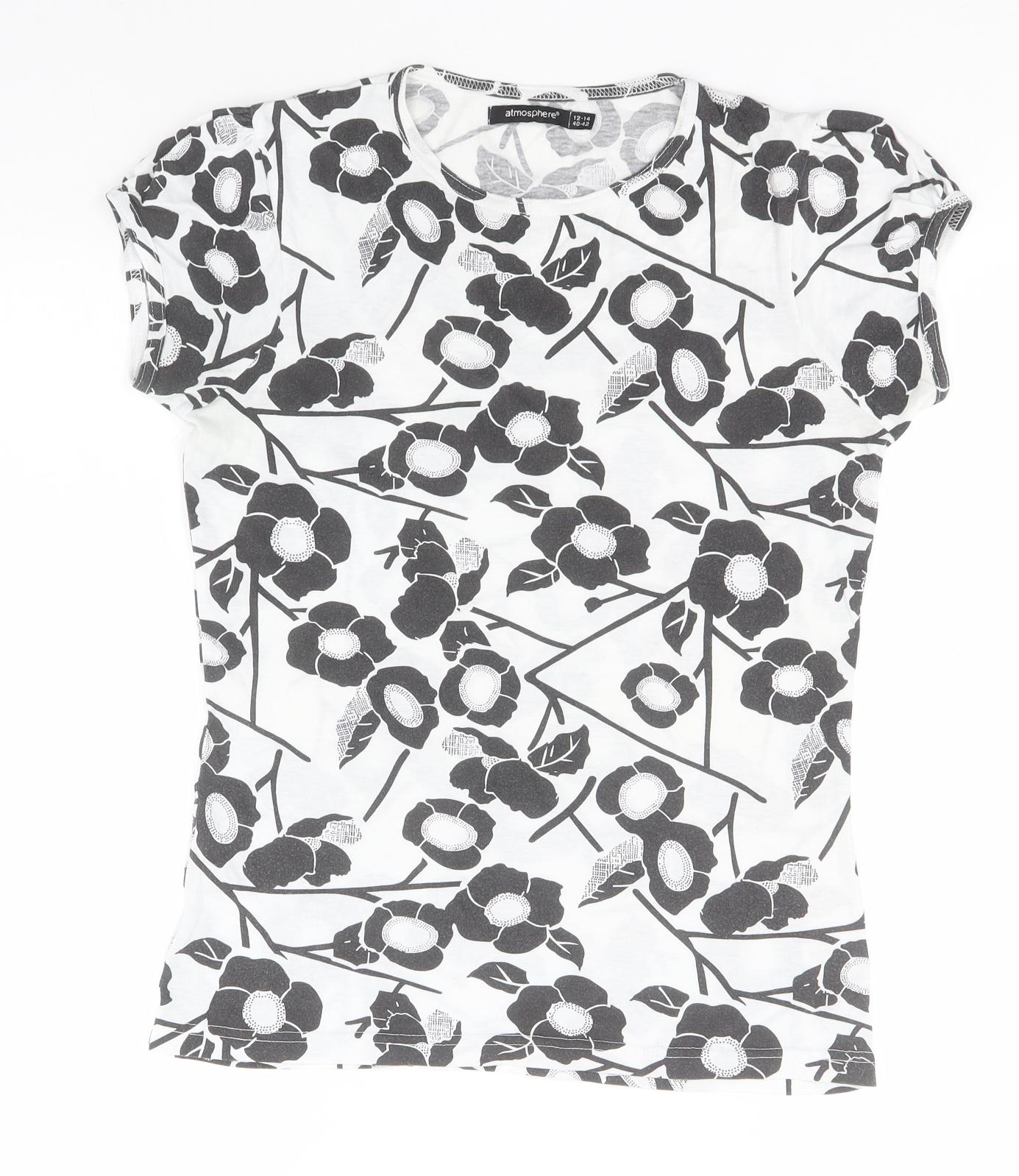 Atmosphere Womens White Floral Cotton Basic Polo Size 12 Round Neck