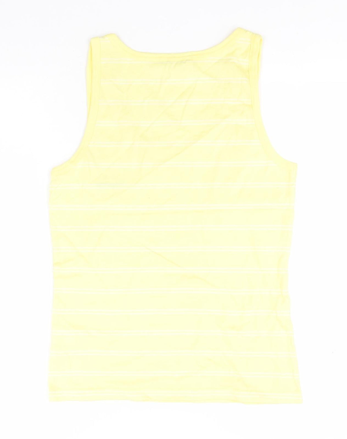 Back view of Dunlop women’s yellow striped cotton basic tank, size UK 12, round neck