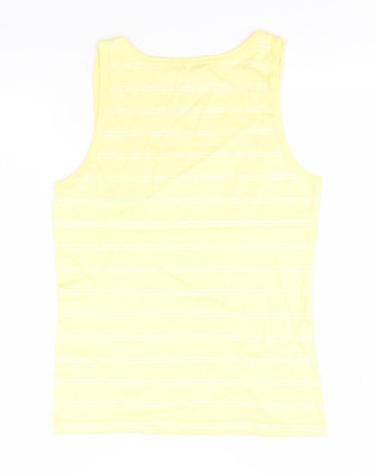 Back view of Dunlop women’s yellow striped cotton basic tank, size UK 12, round neck