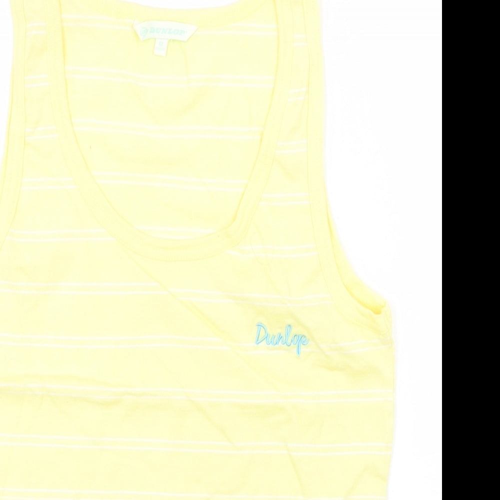 Close-up detail of Dunlop women’s yellow striped cotton basic tank, size UK 12, round neck
