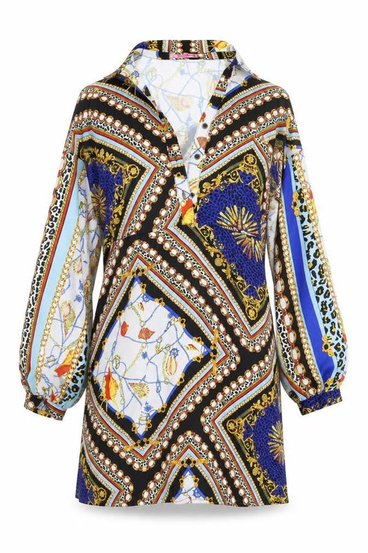 Front view of 101 Idees women’s multicoloured polyester shirt dress, size S, collared