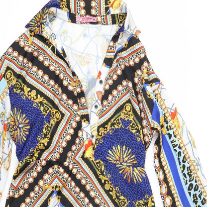 Close-up detail of 101 Idees women’s multicoloured polyester shirt dress, size S, collared