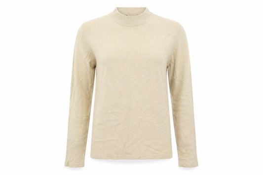 Front view of Marks & Spencer women’s beige high neck acrylic jumper, size UK 12