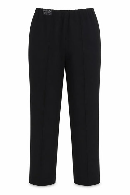 Front view of Vida Vi women’s black polyester dress pants trousers, size UK 14, 27-inch leg regular