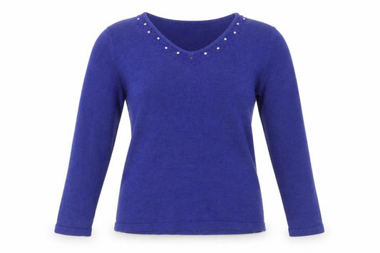 Front view of Isle women’s blue v-neck acrylic jumper, size M