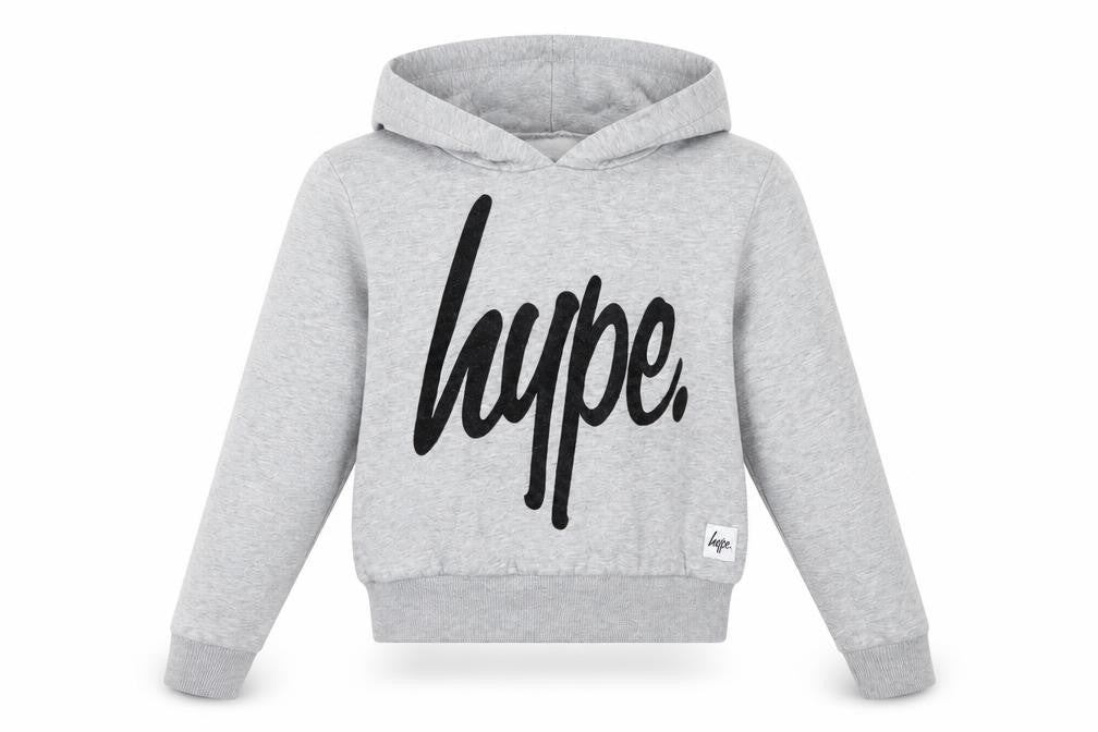 Front view of Hype women’s grey cotton pullover hoodie, size UK 6