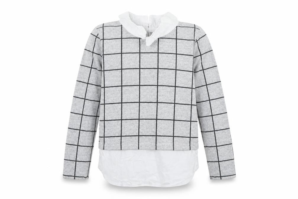 Front view of YD girls’ grey collared check polyester jumper, size 9-10, years