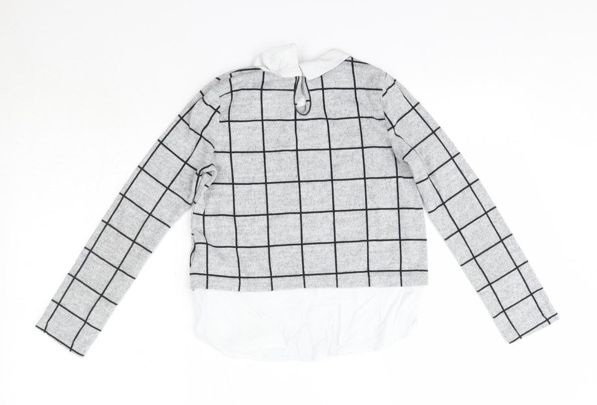 Back view of YD girls’ grey collared check polyester jumper, size 9-10, years