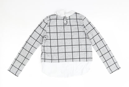 Back view of YD girls’ grey collared check polyester jumper, size 9-10, years