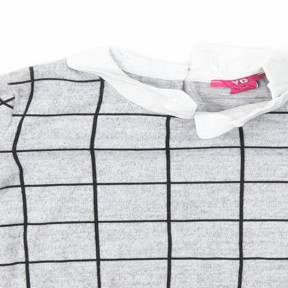 Close-up detail of YD girls’ grey collared check polyester jumper, size 9-10, years