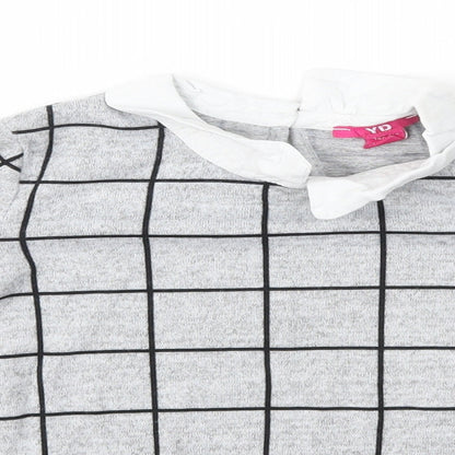 Close-up detail of YD girls’ grey collared check polyester jumper, size 9-10, years