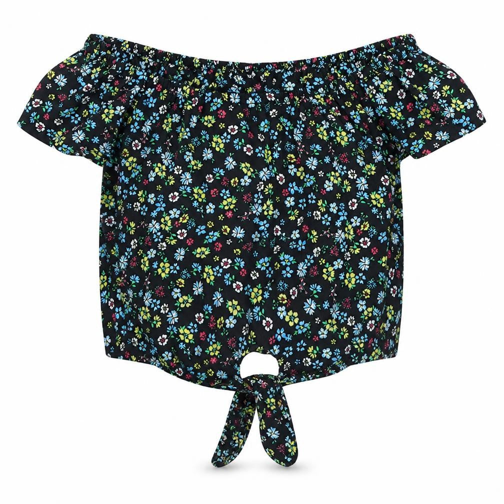 Front view of New Look girls’ black floral polyester basic blouse, size 9, years off the shoulder