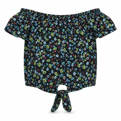 Front view of New Look girls’ black floral polyester basic blouse, size 9, years off the shoulder