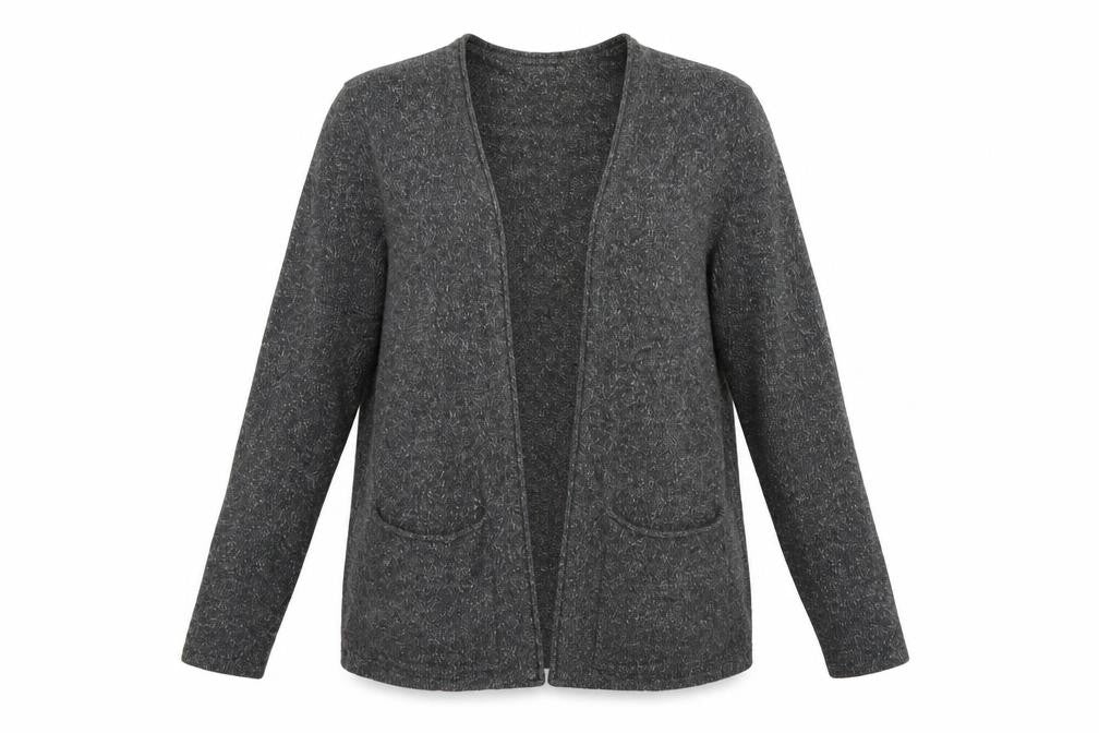 Front view of H&M women’s grey v-neck cotton cardigan jumper, size M