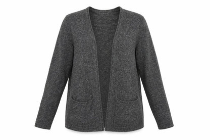 Front view of H&M women’s grey v-neck cotton cardigan jumper, size M
