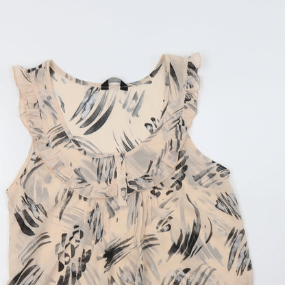 Close-up detail of K & D women’s pink floral polyester basic blouse, size UK 12, scoop neck