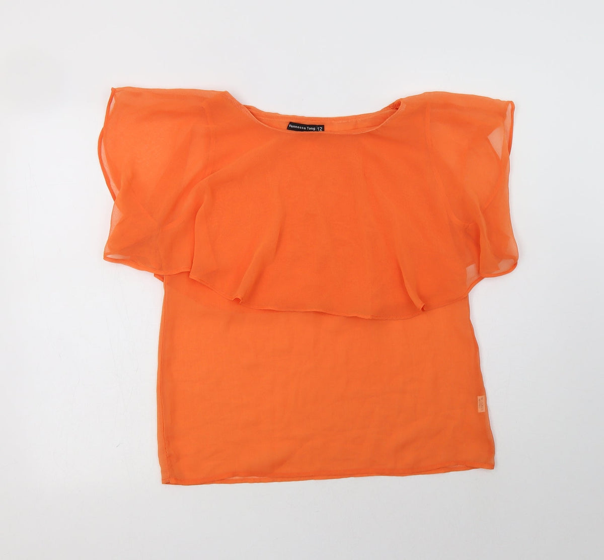 Additional front view of Vanessa Tong women’s orange polyester basic blouse, size UK 12, round neck