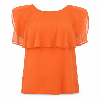 Front view of Vanessa Tong women’s orange polyester basic blouse, size UK 12, round neck