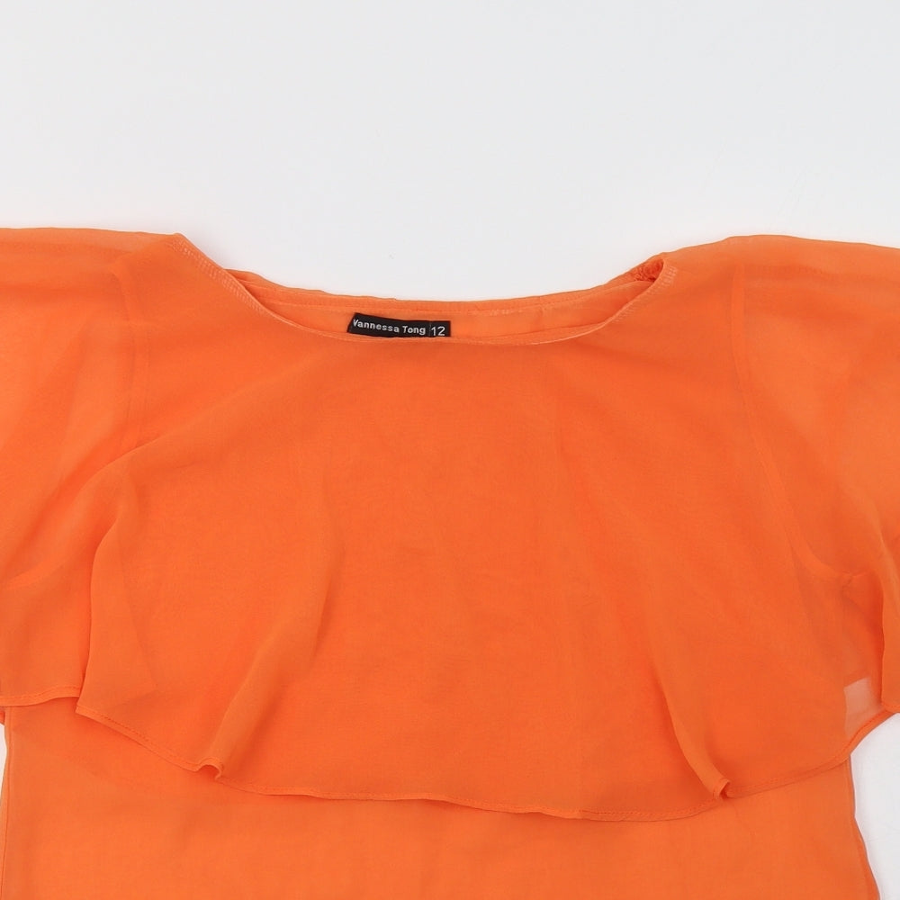 Close-up detail of Vanessa Tong women’s orange polyester basic blouse, size UK 12, round neck
