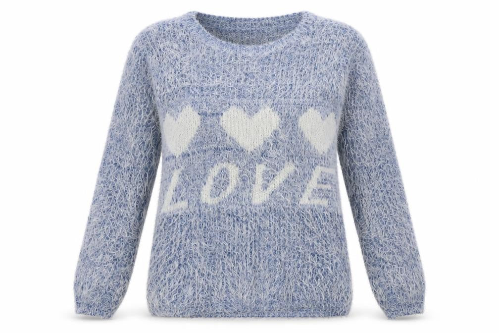 Front view of Melody women’s blue crew neck cotton jumper, size L, - love