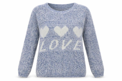 Front view of Melody women’s blue crew neck cotton jumper, size L, - love