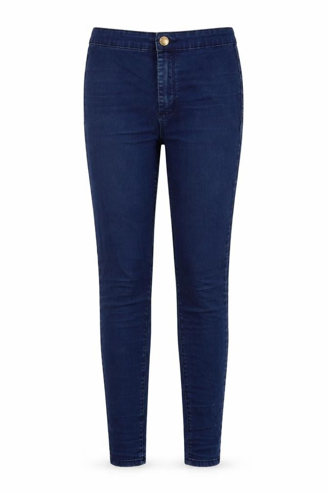 Front view of Miss Se women’s blue cotton flared jeans, size UK 10, 32-inch leg regular button