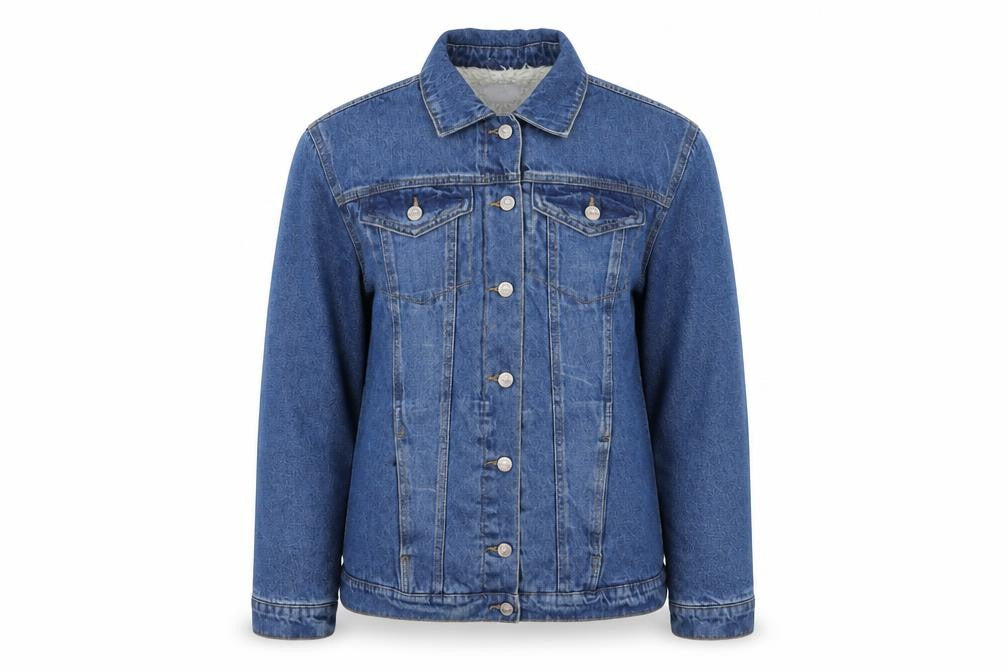 Front view of Denim women’s blue jacket coat, size UK 10, button - faux fur lined denim jacket