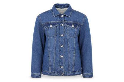Front view of Denim women’s blue jacket coat, size UK 10, button - faux fur lined denim jacket