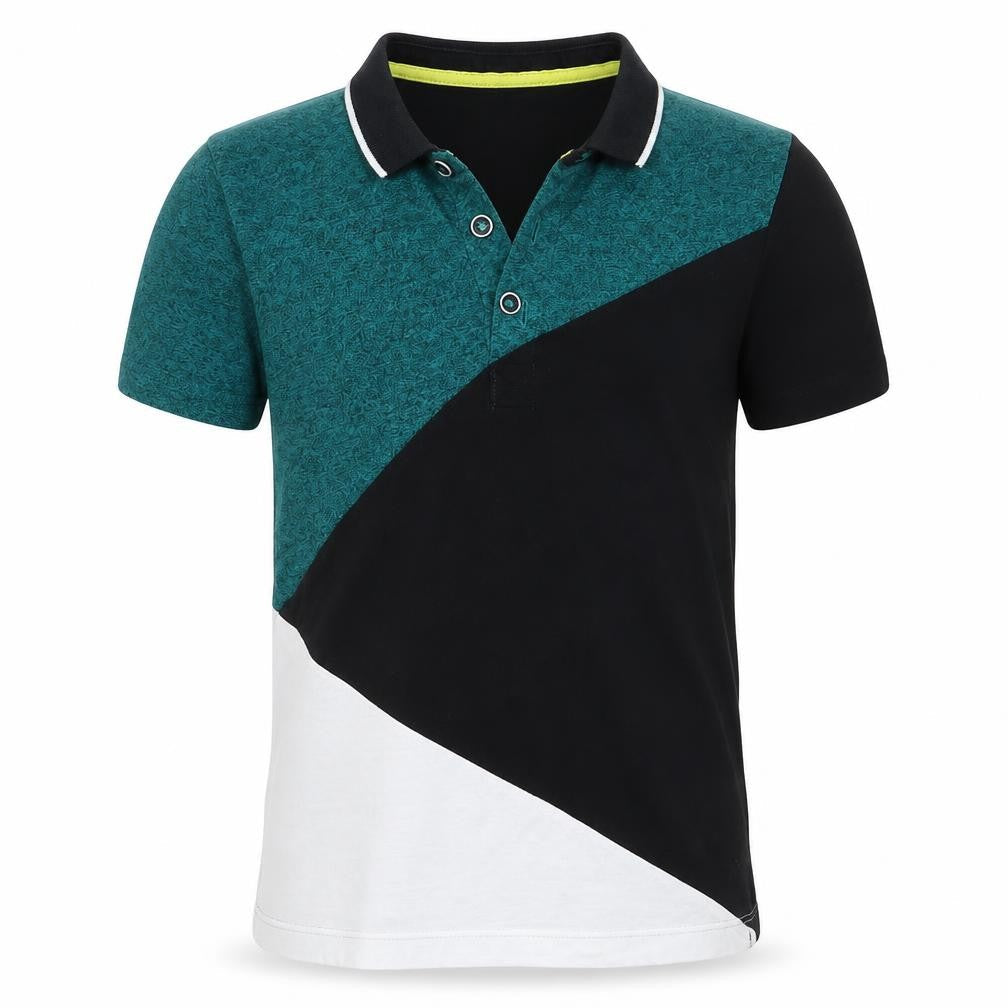 Front view of Urban Dept boys’ black colourblock polyester basic polo, size 7, years collared button - white green black