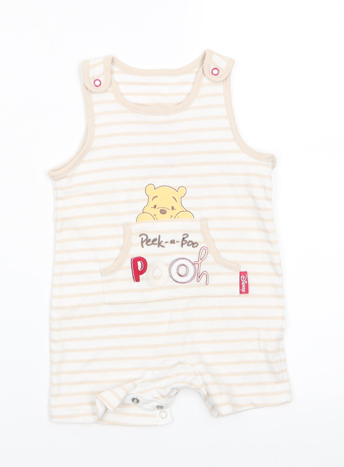Disney by George Baby White Animal Print Cotton Romper One-Piece Size 3-6 Months  Snap - Light beige stripe trim Peek-a-Boo Pooh
