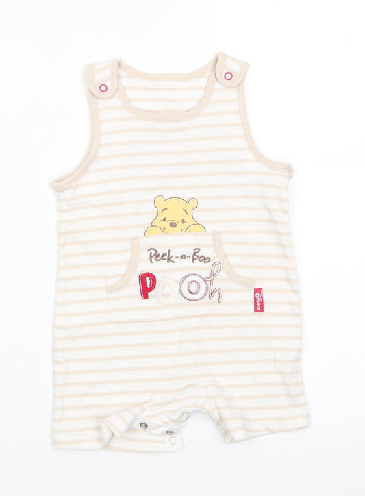 Front view of Disney by George Baby White Animal Print Cotton Romper One-Piece, Months Snap - Light beige stripe trim