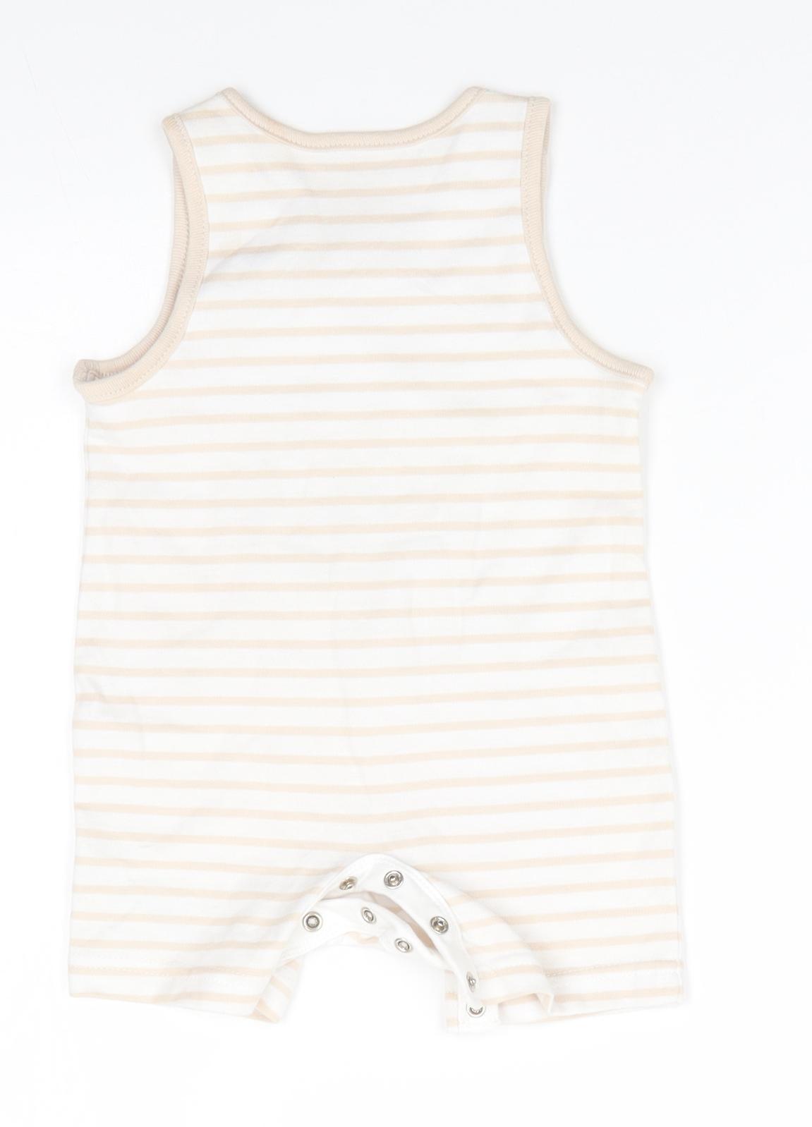 Disney by George Baby White Animal Print Cotton Romper One-Piece Size 3-6 Months  Snap - Light beige stripe trim Peek-a-Boo Pooh