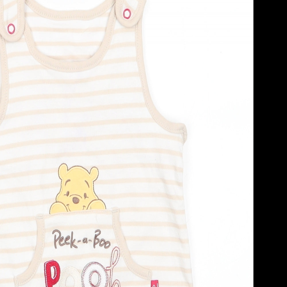 Disney by George Baby White Animal Print Cotton Romper One-Piece Size 3-6 Months  Snap - Light beige stripe trim Peek-a-Boo Pooh