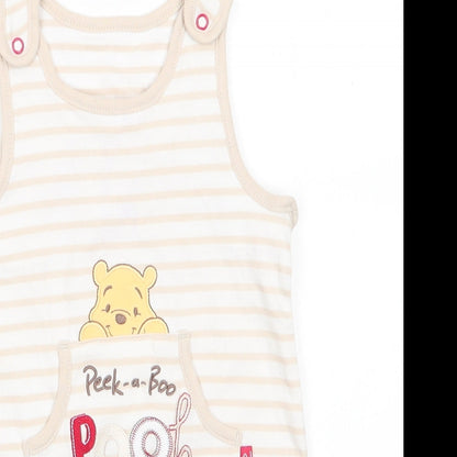 Disney by George Baby White Animal Print Cotton Romper One-Piece Size 3-6 Months  Snap - Light beige stripe trim Peek-a-Boo Pooh