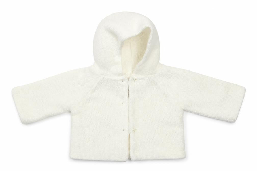 Front view of Nursery Time girls’ ivory acrylic cardigan jumper, size 0-3, months button