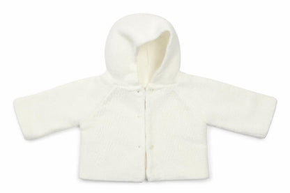 Front view of Nursery Time girls’ ivory acrylic cardigan jumper, size 0-3, months button
