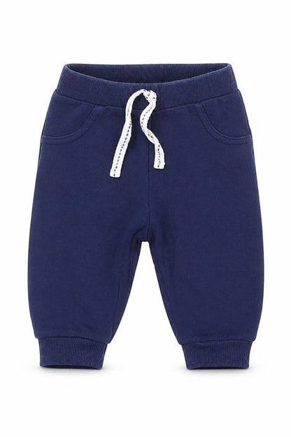 Front view of Matalan boys’ blue cotton jogger trousers, size 3-6, months drawstring - mid blue back pocket