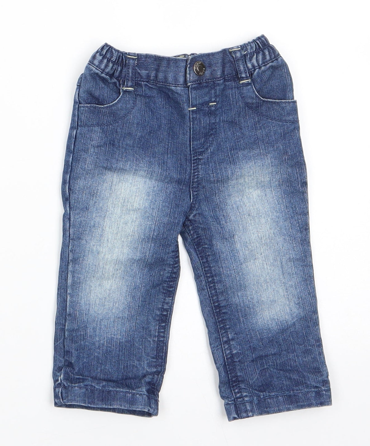 Additional front view of Early Days boys’ blue cotton jeans, size 3-6, months button - back elastication