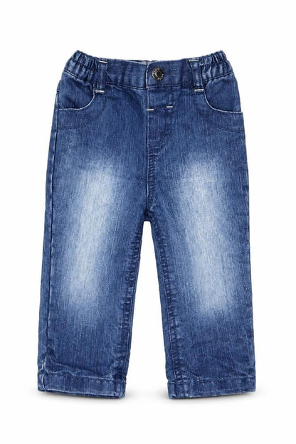 Front view of Early Days boys’ blue cotton jeans, size 3-6, months button - back elastication