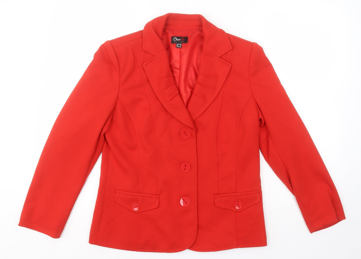 Additional front view of Oscar women’s red overcoat jacket, size UK 10