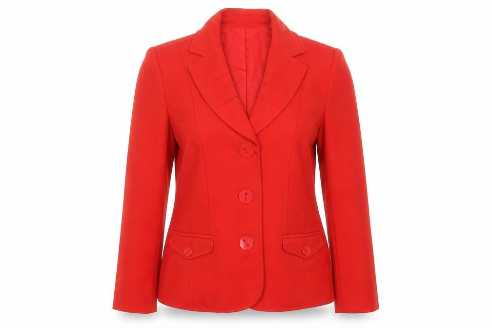 Front view of Oscar women’s red overcoat jacket, size UK 10